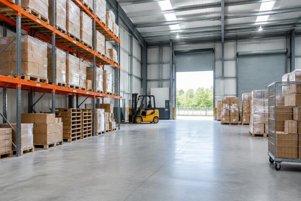 New warehouse unit part-fitted out with racking and a forklift