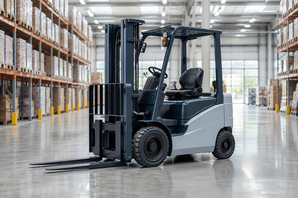 Electric counterbalance forklift in a warehouse aisle
